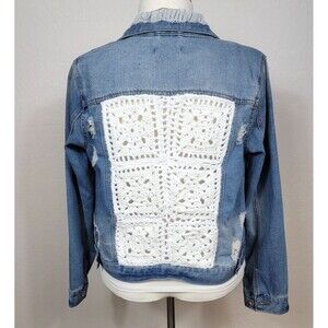 Upcycled Womens Medium Denim Trucker Jacket Hand‑Crocheted Back  Distressed Boho